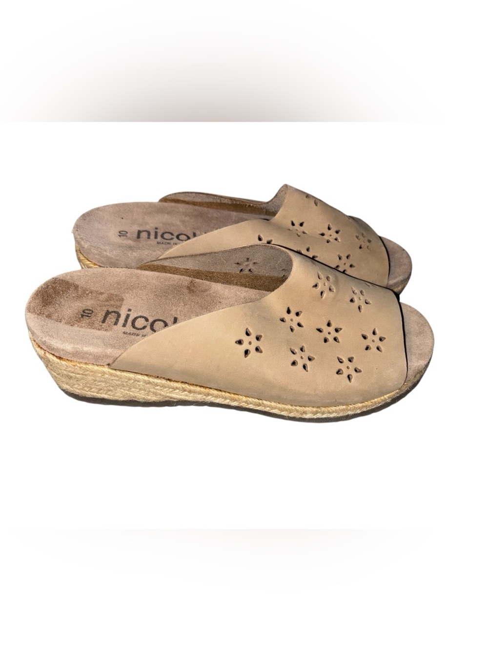 Nicole Tan Floral laser cut Leather Espadrille Wedge Sandals